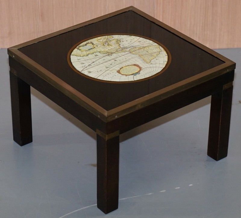 STUNNING COFFEE & SIDE TABLE NEST OF TABLES MILITARY CAMPAIGN WITH WORLD MAPS gallery
