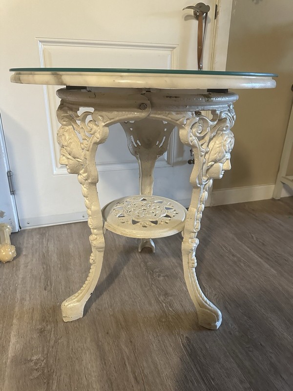 vintage (late 1800's) cast iron table with thick marble top and glass table top gallery