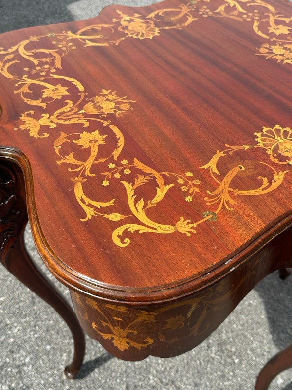 Antique Horner Style Inlaid Parlor Table Victorian Figural Carved 1890 gallery