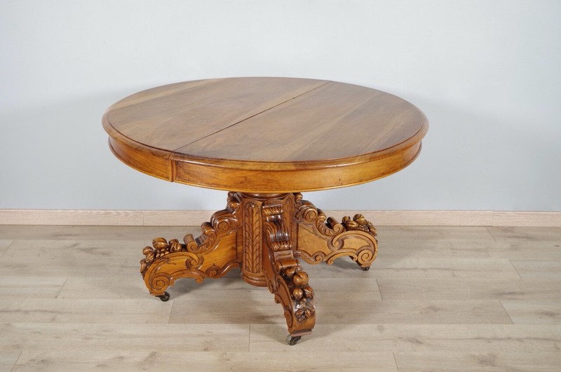 Napoleon III Walnut Round Table with Center Base, circa 1880