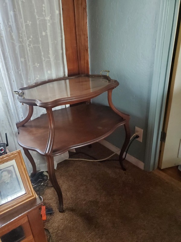 antique mahogany and brass serving table with brass and glass serving tray