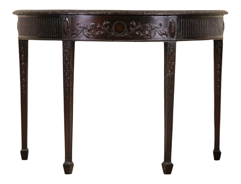 Antique Hand Carved Mahogany Demi-Lune Console Table