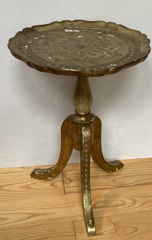 FLORENTINE TABLE: Gold Piecrust Tripod, Stamped Wood Decor ~ITALY~Baroque Chic
