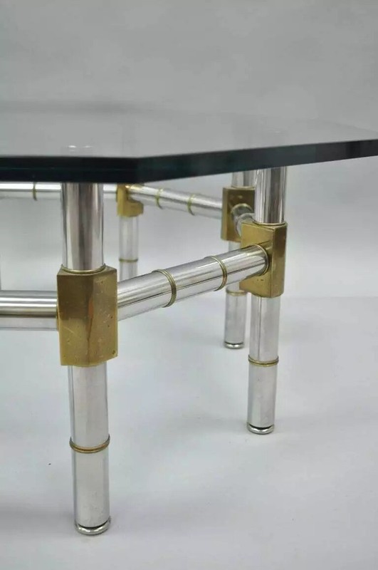 Mid Century Modern Chrome and Brass Faux Bamboo Octagonal Glass Top Coffee Table gallery