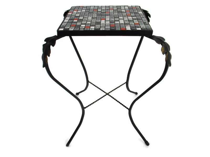 Vintage Small Side Table Plant stand Mosaic tiles Checkered pattern Wrought Iron