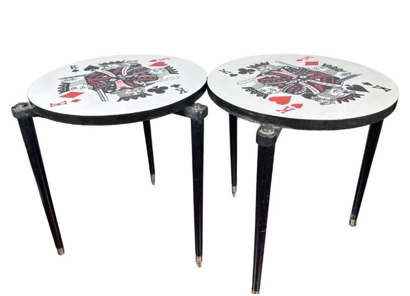Set of 2 Vtg Mid Century Stacking Nesting Playing Card Top Round Side Tables