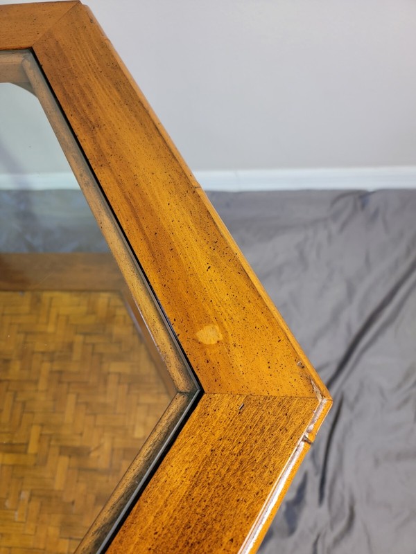 Vintage Mid-Century Hexagonal Coffee/Side Table, Glass-Top, Faux Bamboo/Rattan gallery