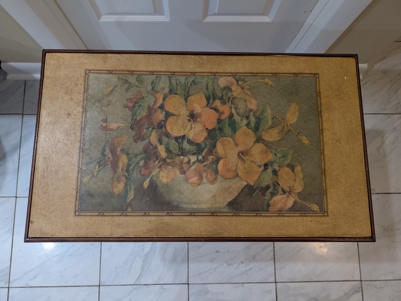 VINTAGE folding Wood table RARE Flower Design Top Early Americana gallery