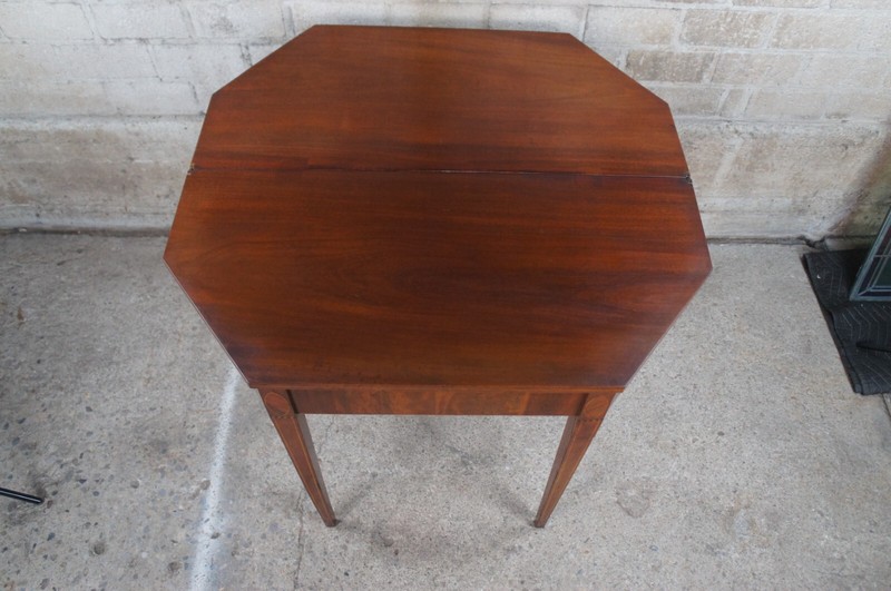 Antique Sheraton Mahogany Inlaid Octagonal Flip Top Game Card Tea Console Table gallery