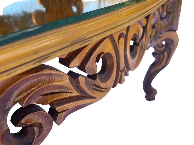 Baroque Style End Table Hand Carved Wood with Glass Top gallery