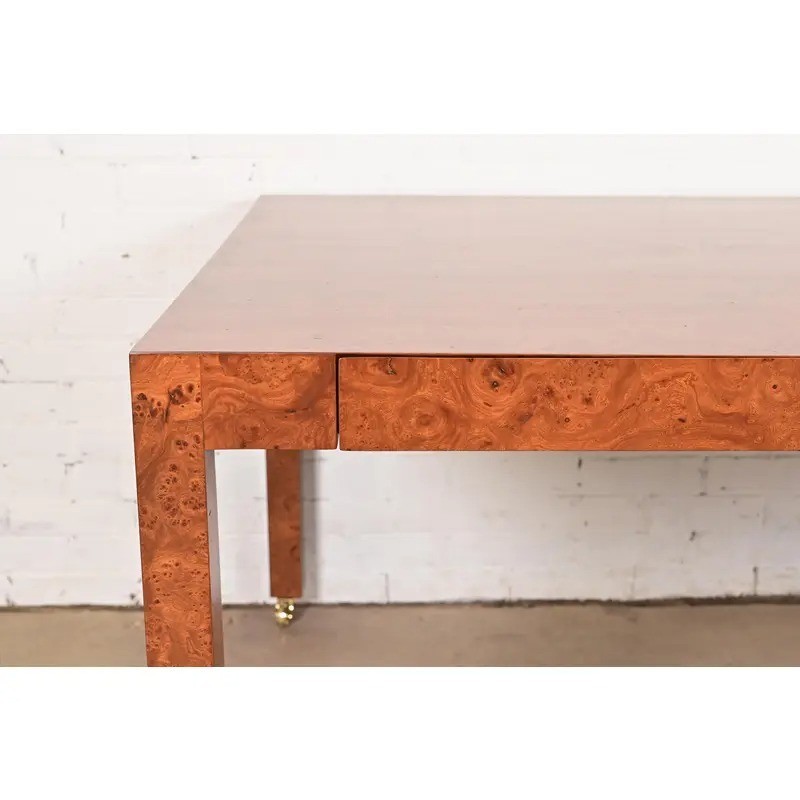 Milo Baughman Style Mid-Century Modern Burlwood Parsons Dining Table, Refinished gallery