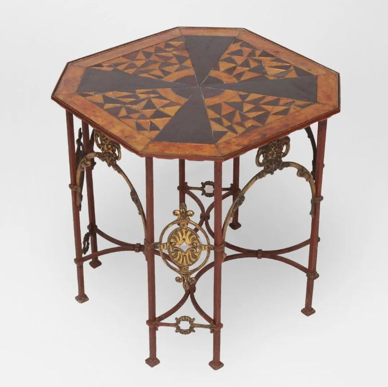 OSCAR BACH INSPIRED ANTIQUE WROUGHT IRON & GILT TABLE WITH MOSAIC GLASS TOP gallery