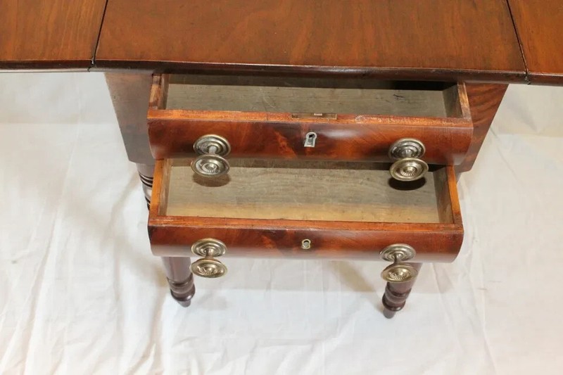 Great 19th C. American Walnut Drop Leaf Side End Pembroke Table with Two Drawers gallery
