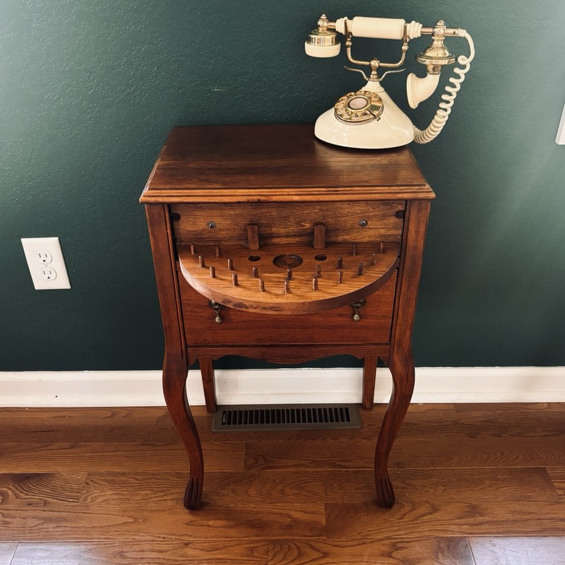 Vintage Antique Scalloped Queen Anne Wood Sewing Storage Side Table Brass Pulls gallery