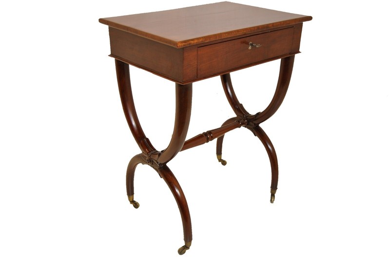 Neoclassical Duncan Phyfe Mahogany Side Table, Curule Base Form, Drawer