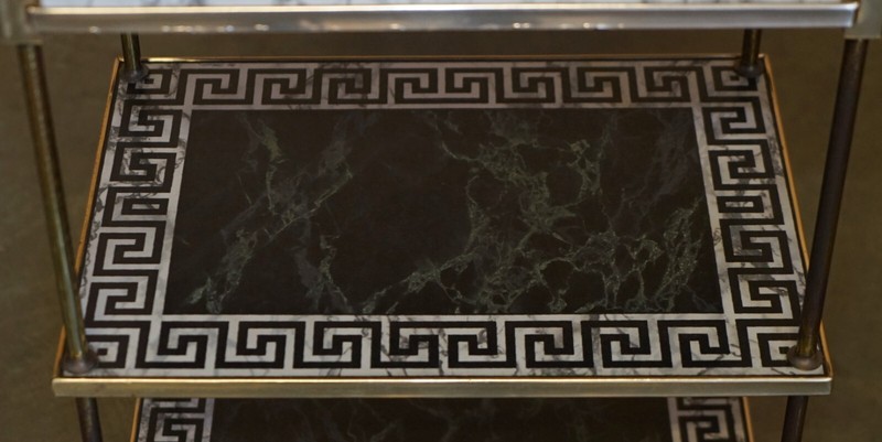 PAIR OF REGENCY STYLE FAUX MARBLE THREE TIERED ETAGERES SIDE END TABLES DRAWERS gallery