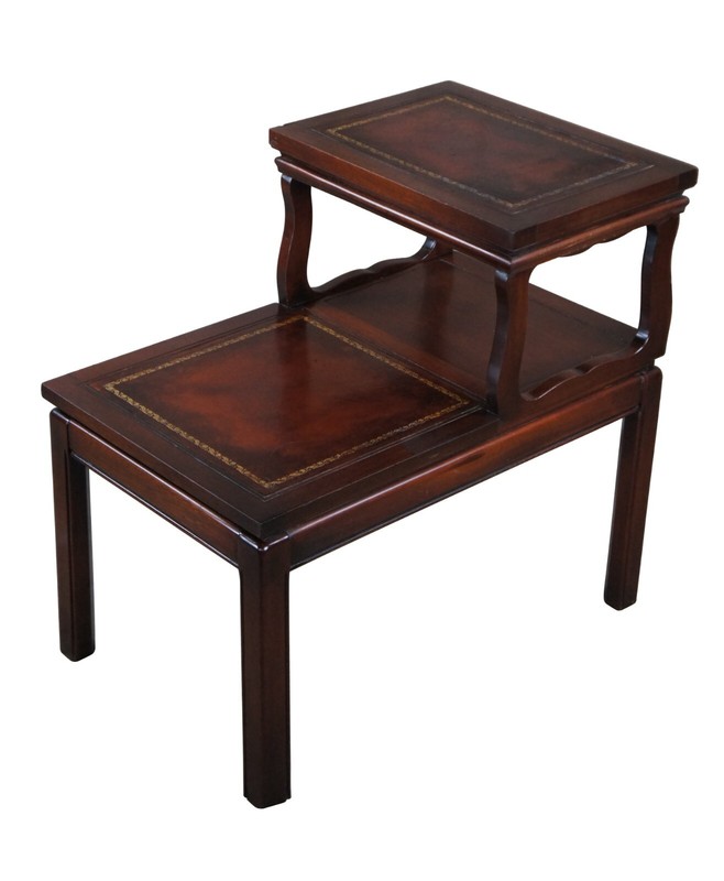 Mid Century Mahogany 2 Tier Tooled Leather Parlor Side Accent Step Table gallery