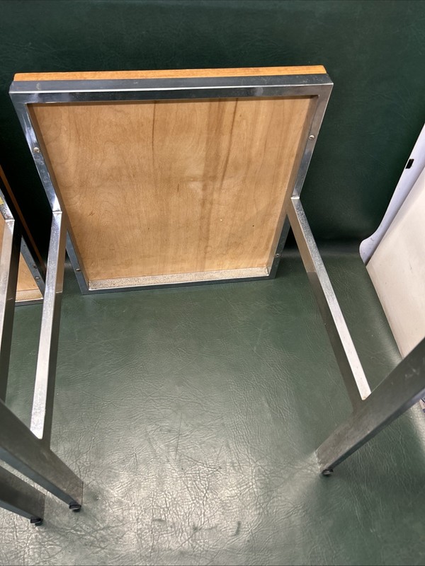 PAIR OF Mid Century Modern Side Chrome & Wood Top Tables 16" X 17" X 17" Tall gallery