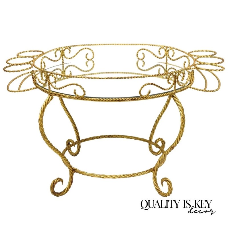 Vintage Italian Hollywood Regency Iron Gold Rope Round Mirror Top Coffee Table