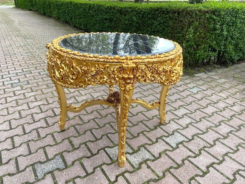 Table Italian Baroque Gold Carved Base with Original Black Marble Top Vintage gallery