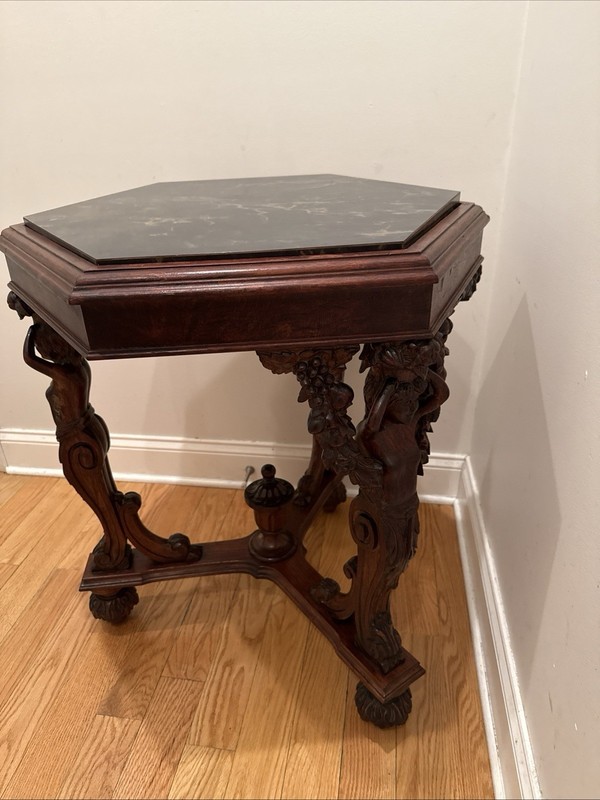 Antique Victorian-era Hexagonal Walnut Carved Side Table Circa 1880