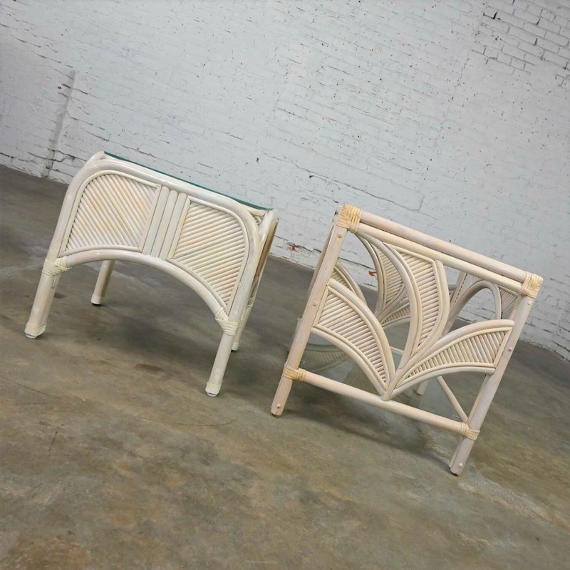 Pair Cerused Reeded Rattan End Tables Glass Tops Manner Gabriella Crespi gallery