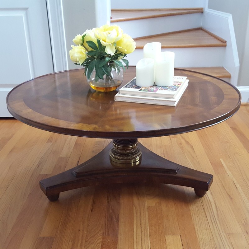 Vintage Midcentury Heritage Pedestal Table Walnut Veneer Tripod Base Stunning!