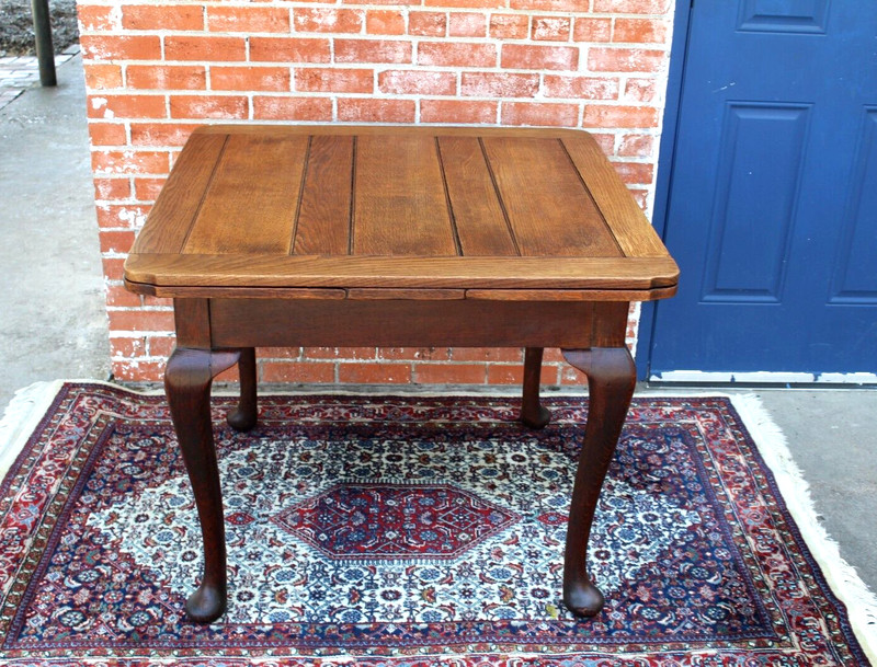English Antique Queen Anne Oak Draw Leaf Kitchen Table