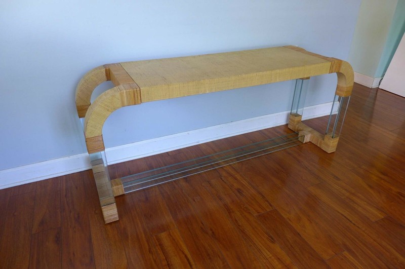 Waterfall Console Table Hollywood Regency Rattan Grasscloth and Glass Vintage gallery