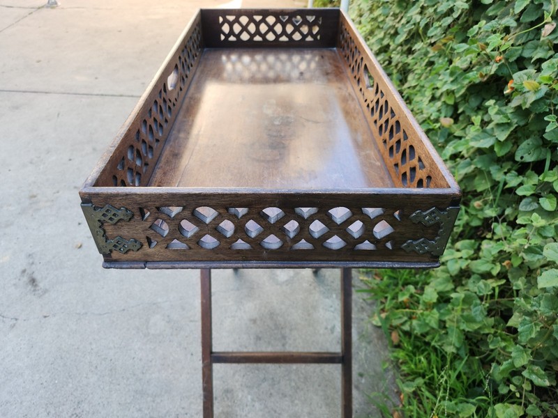 Vintage Wooden Butler Tray Table Folding Stand Pierced Gallery Brass Corners gallery