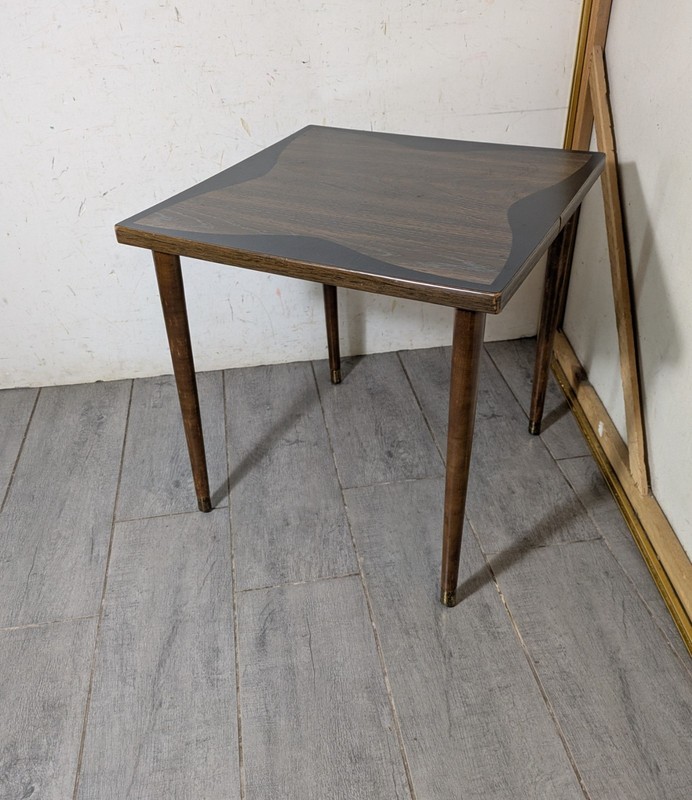 Vintage Mid Century Modern Formica Table Bowtie Top Tapered Legs Walnut D53 gallery