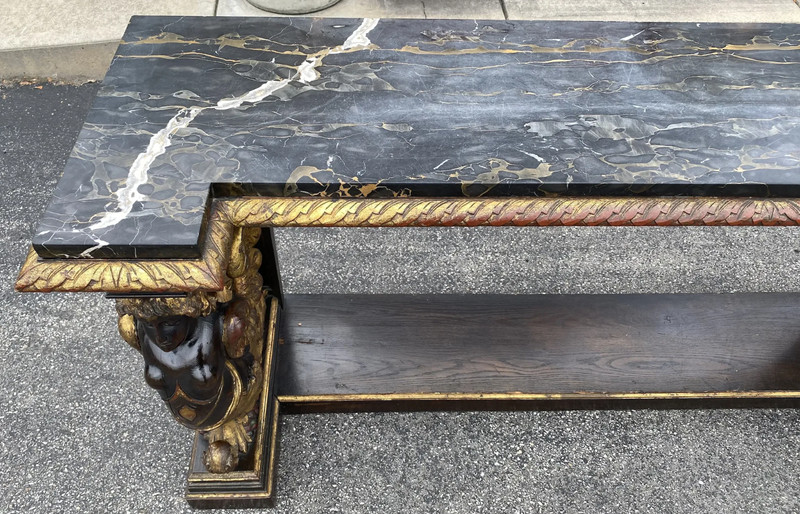 19th/20th c Gilt & Ebonized Marble Top Pier Table with Winged Caryatid Supports gallery