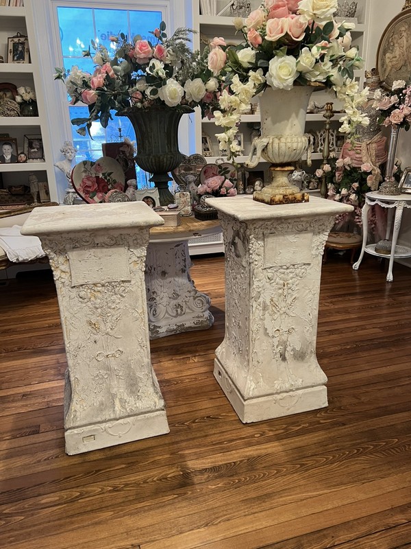 Pair Antique Pedestal Tables Chalkware Daprato French Style Barbola Roses Vtg