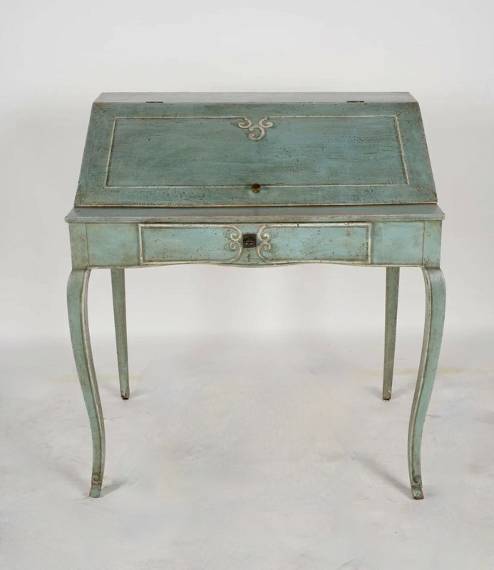 19th century Venetian Teal Painted Slant Front Secretary Desk