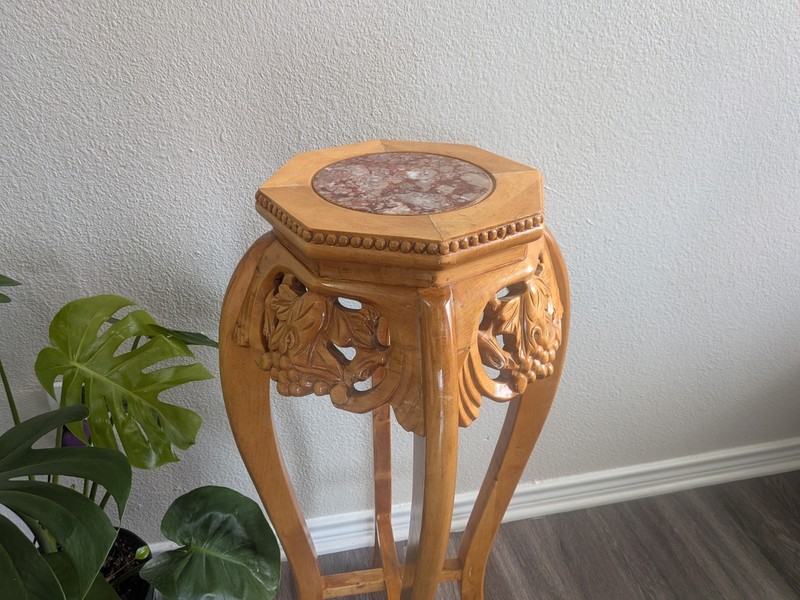 vintage Chinese carved solid wood tall pedestal stand table with a marble top gallery