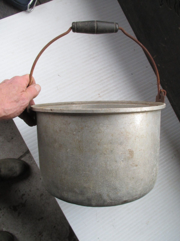 Large Antique Aluminum Ware Wood Bail Handle Pot.