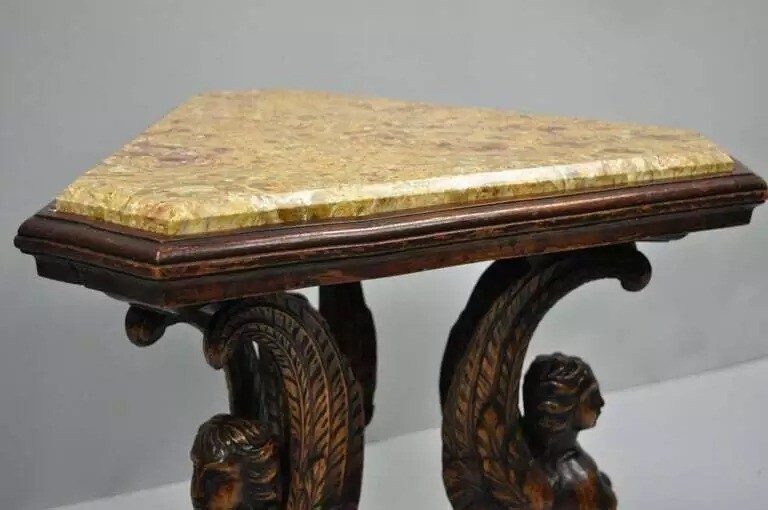 Antique French Renaissance Figural Walnut Winged Sphinx Resin Top Side Table gallery