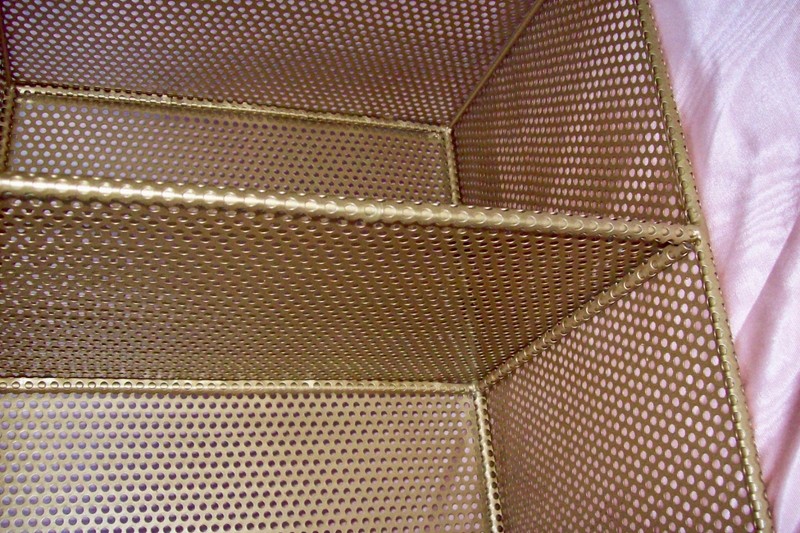 MID CENTURY MODERN PERFORATED HOLES GOLDTONE METAL END TABLE STAND w/ 2 SHELVES gallery