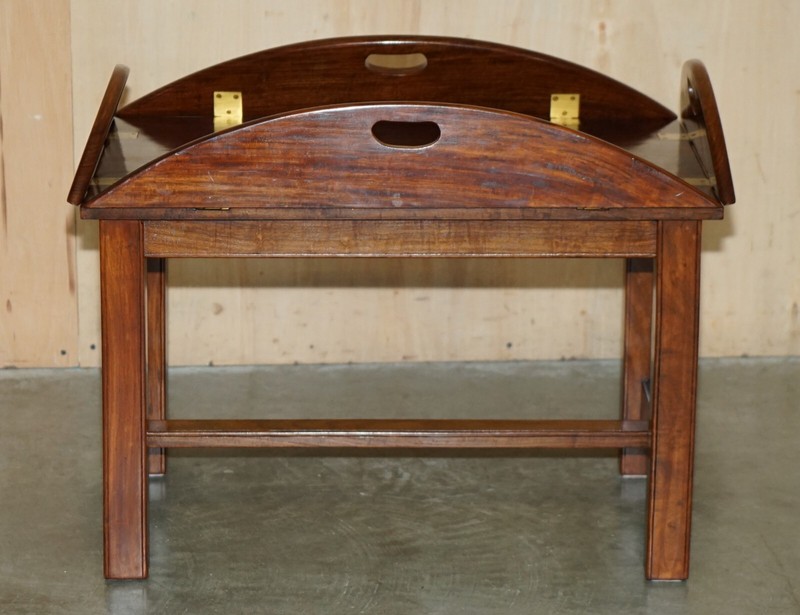 FINE VINTAGE ENGLISH MAHOGANY & BRASS BUTLERS TRAY TABLE WITH FOLDING SIDES gallery