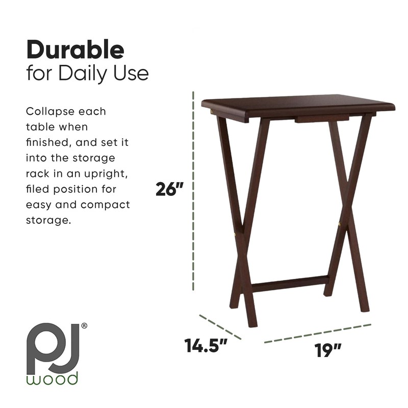 PJ Wood Folding TV Tray Tables with Compact Storage Rack, Walnut, 5 Piece Set gallery