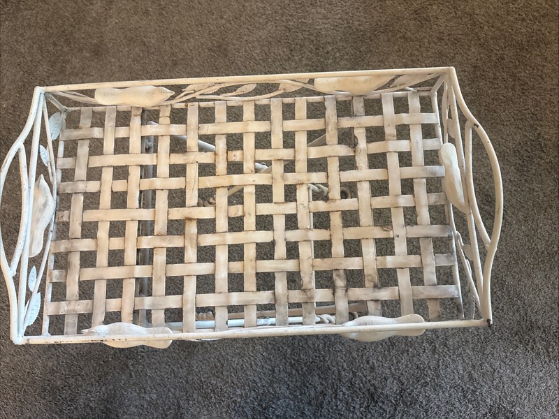 VTG Fold Up Wrought Iron Patio Side Table Garden Plant Stand airy lattice Top gallery