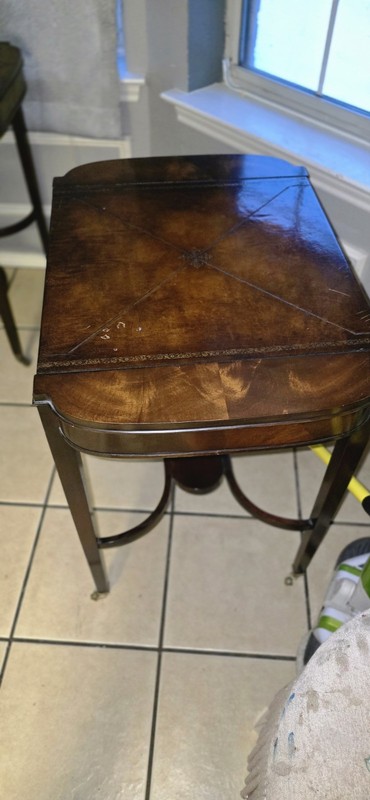 Three 1950s Tables W/ Mahogany Wood, Pressed Leather, And Brass Accents. gallery