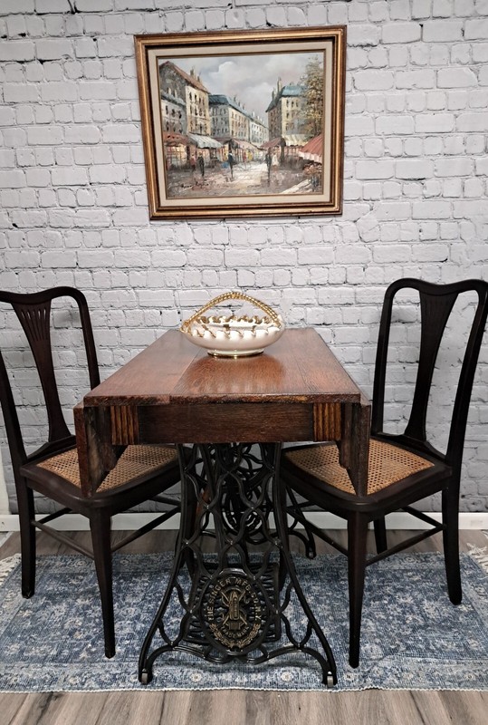 Repurposed 19th Century Cast Iron Singer Sewing Base/Oak Drop Leaf Farmers Table gallery