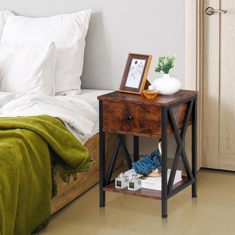 2 Set of End Tables X-Shaped Wooden Accent Sofa Side Table Drawer Open Shelf gallery