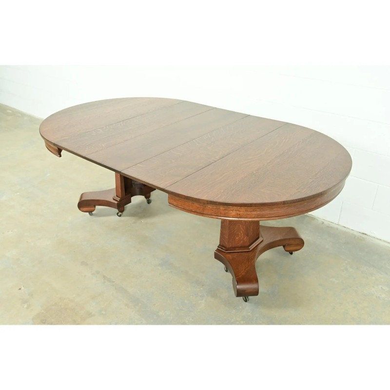 Stickley Style Antique Mission Oak Arts & Crafts Pedestal Extension Dining Table gallery