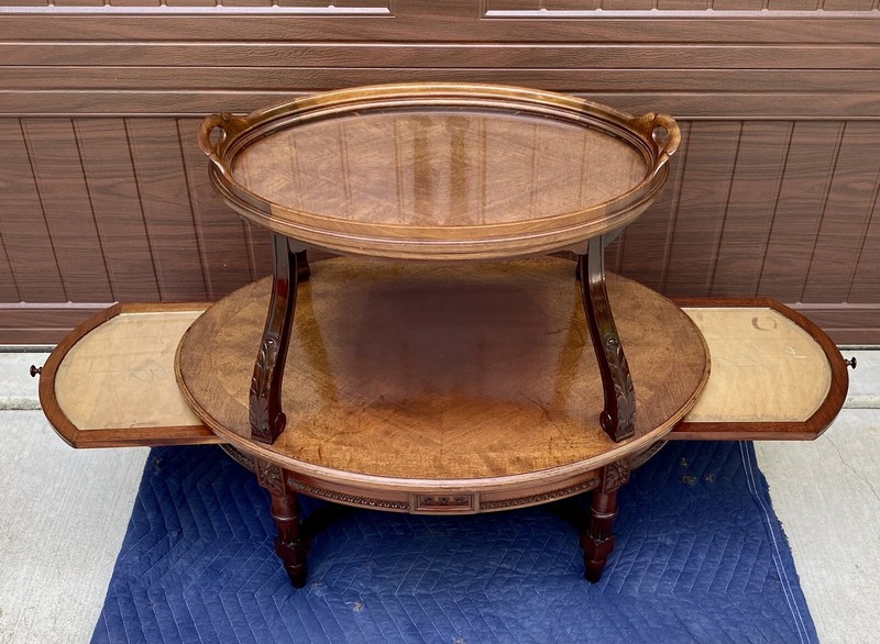 Antique 2-Tier Mahogany & Oak Table With Removable Serving Tray Top & Pullouts gallery