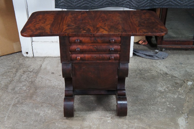 Antique American Empire Crotch Mahogany Drop Leaf Sewing Work Side Table Cabinet gallery