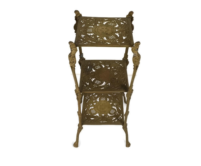 Ornate French Brass Pedestal Table Plant Stand 3 Tier Hollywood Regency Vintage