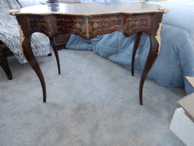 Antique French inlaid console table desk with drawer ormolu gilt trim 40 inch gallery