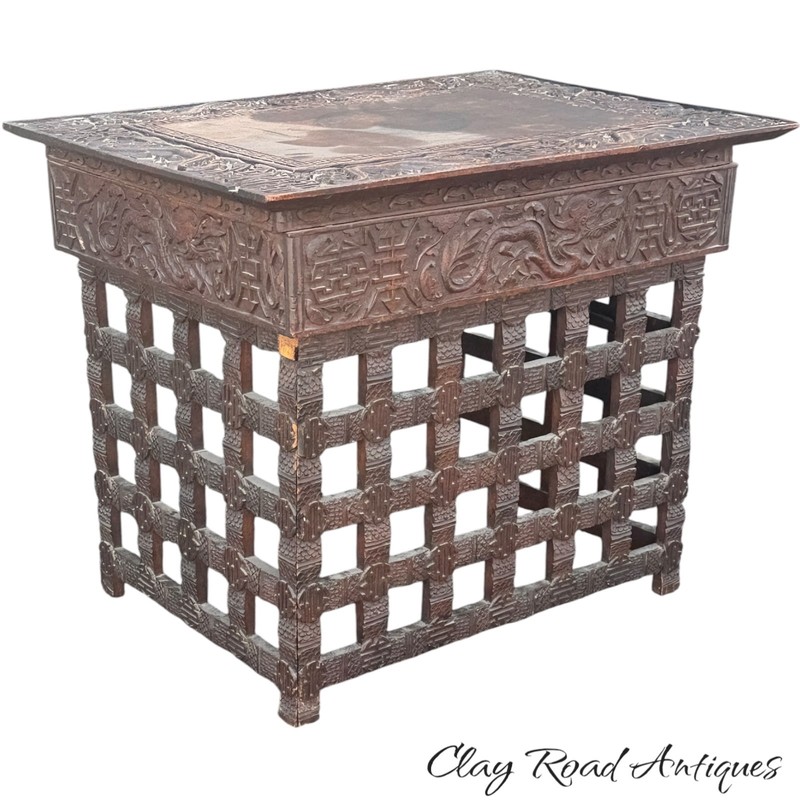 antique dragon carved traveling scribe desk folding Chinese game table 1800 gallery